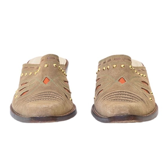 COLE HAAN | Cowboy Bohemian Tan Suede Mules Studded Detail for Free Spirited - Picture 4 of 7